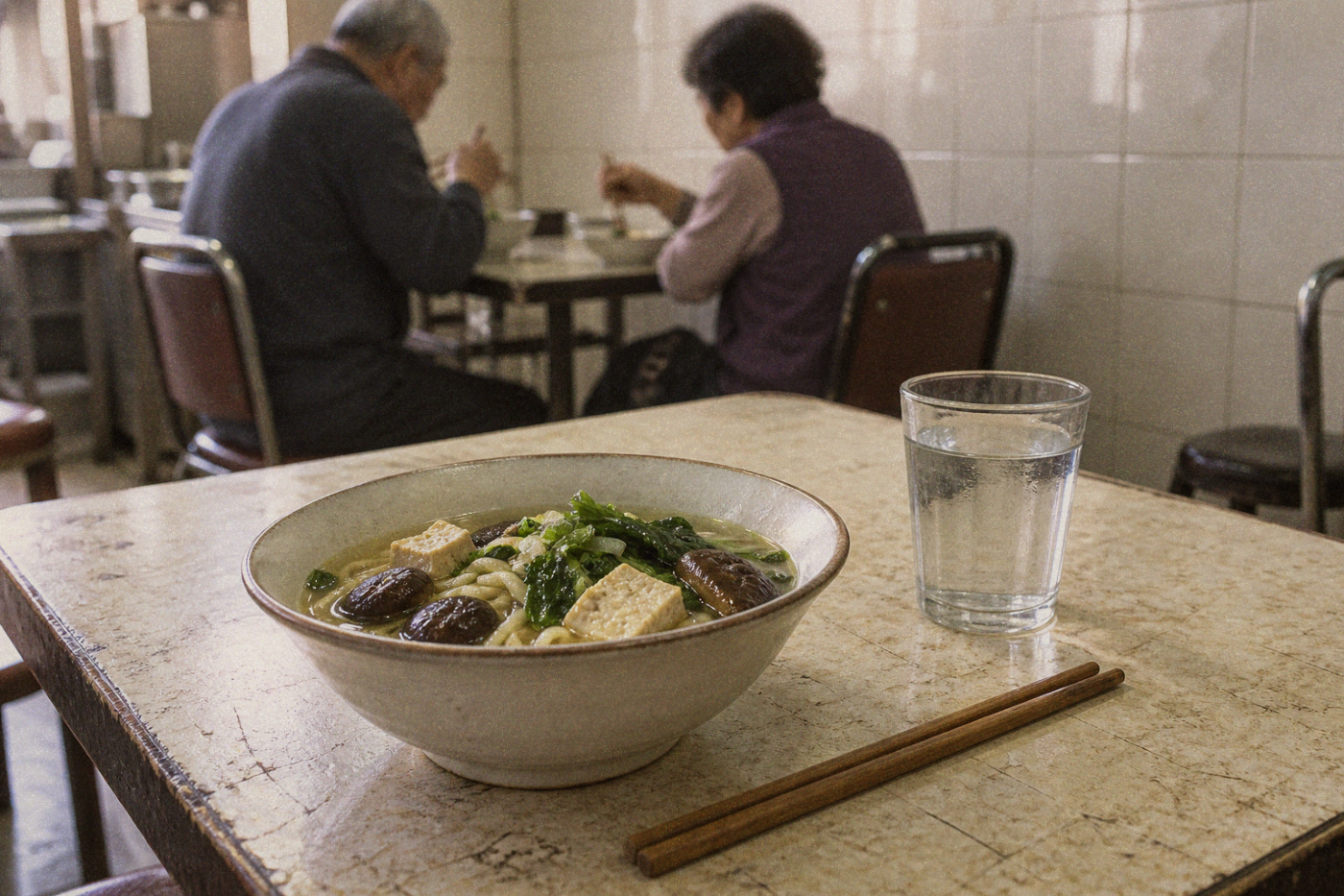 Vegetarian noodles with tofu, mushrooms and greens at a neighborhood eatery.