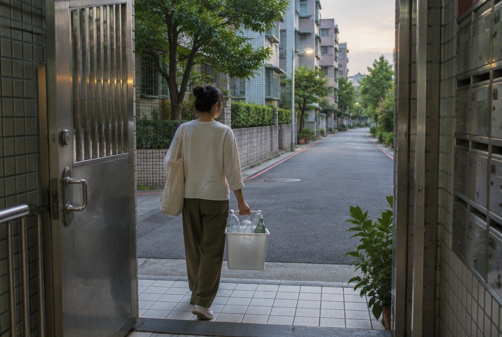 Illustration: A resident taking sorted recycling out of an apartment
