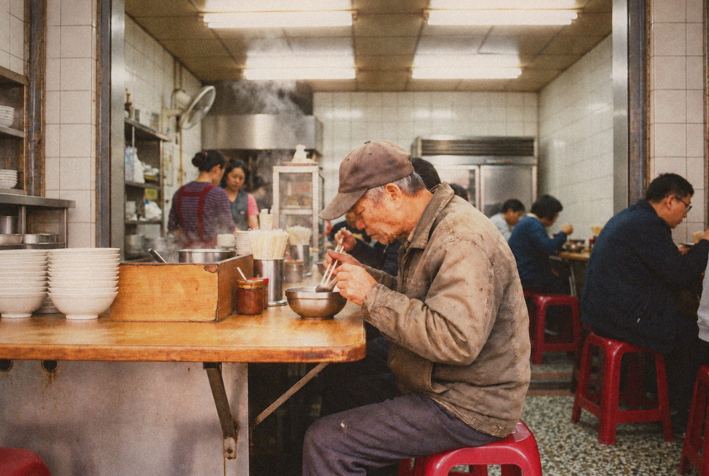Side view of a customer sitting on a plastic stool eating beef soup at a counter in a traditional Tainan shop