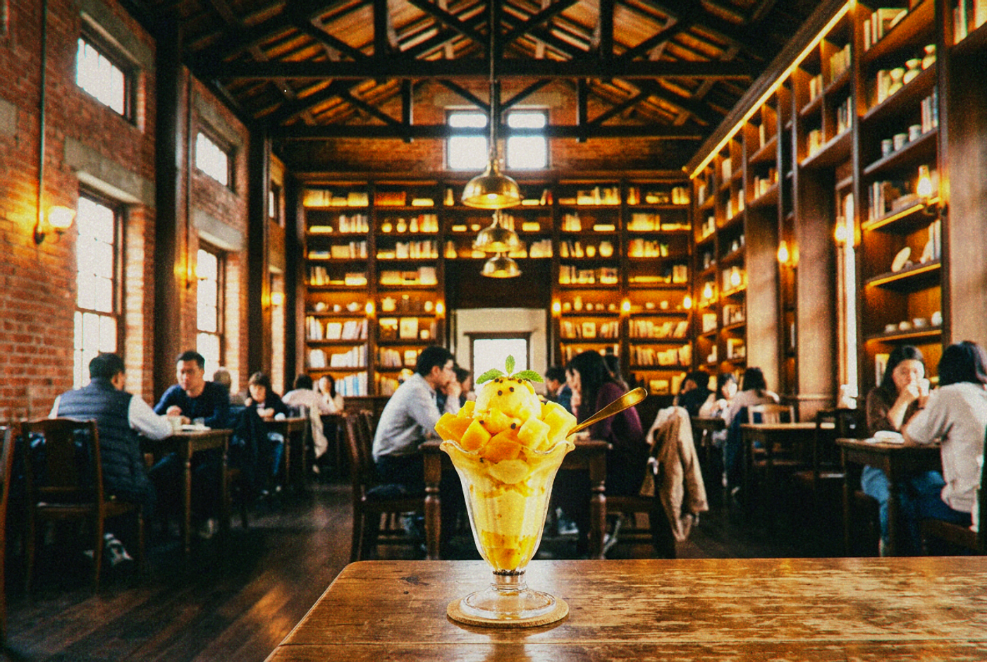 A fruit ice-cream sundae in a cafe with tall wooden shelves.