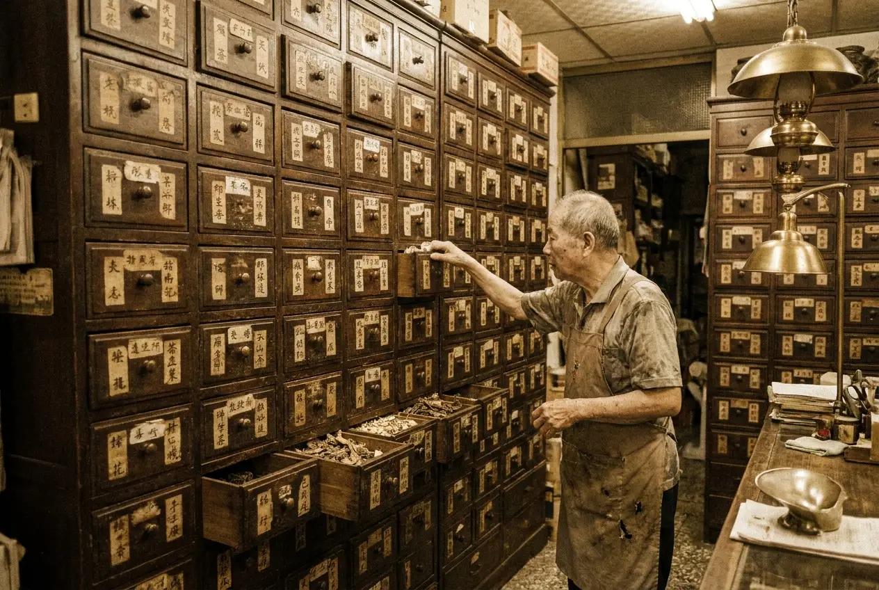 Drawers of traditional Chinese medicine herbs in a Taipei pharmacy