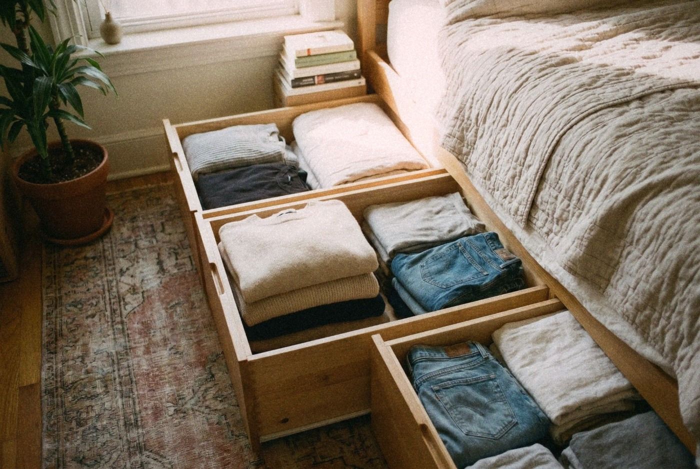 Under-bed storage drawers pulled open in a small bedroom