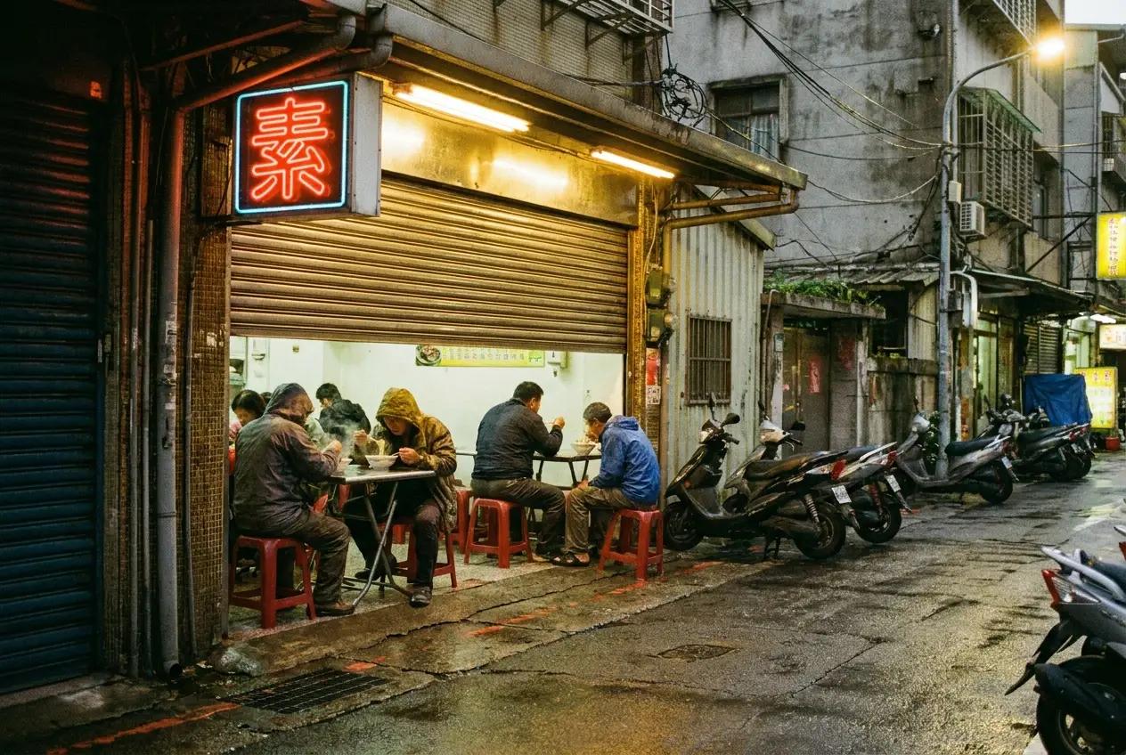 Street-level view of a neighborhood vegetarian restaurant with Chinese signage