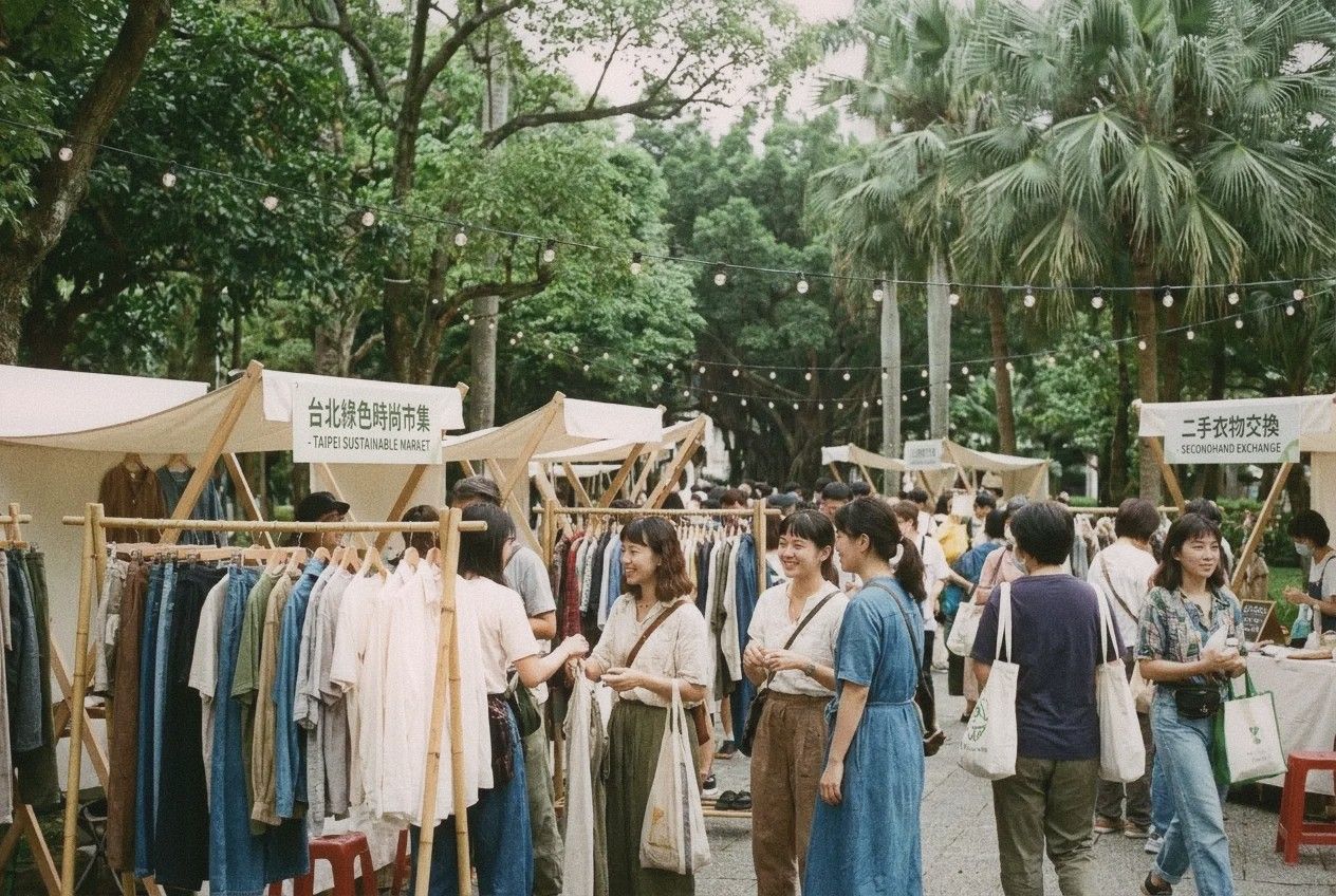Outdoor sustainable fashion market event in a Taipei park