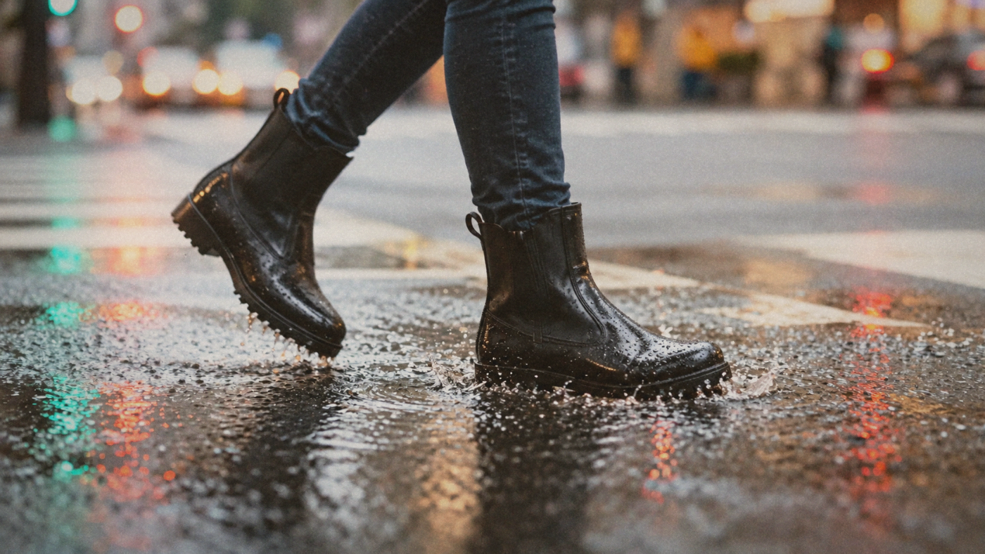 Close-up of waterproof black ankle boots stepping through a rain puddle on a Taipei crosswalk