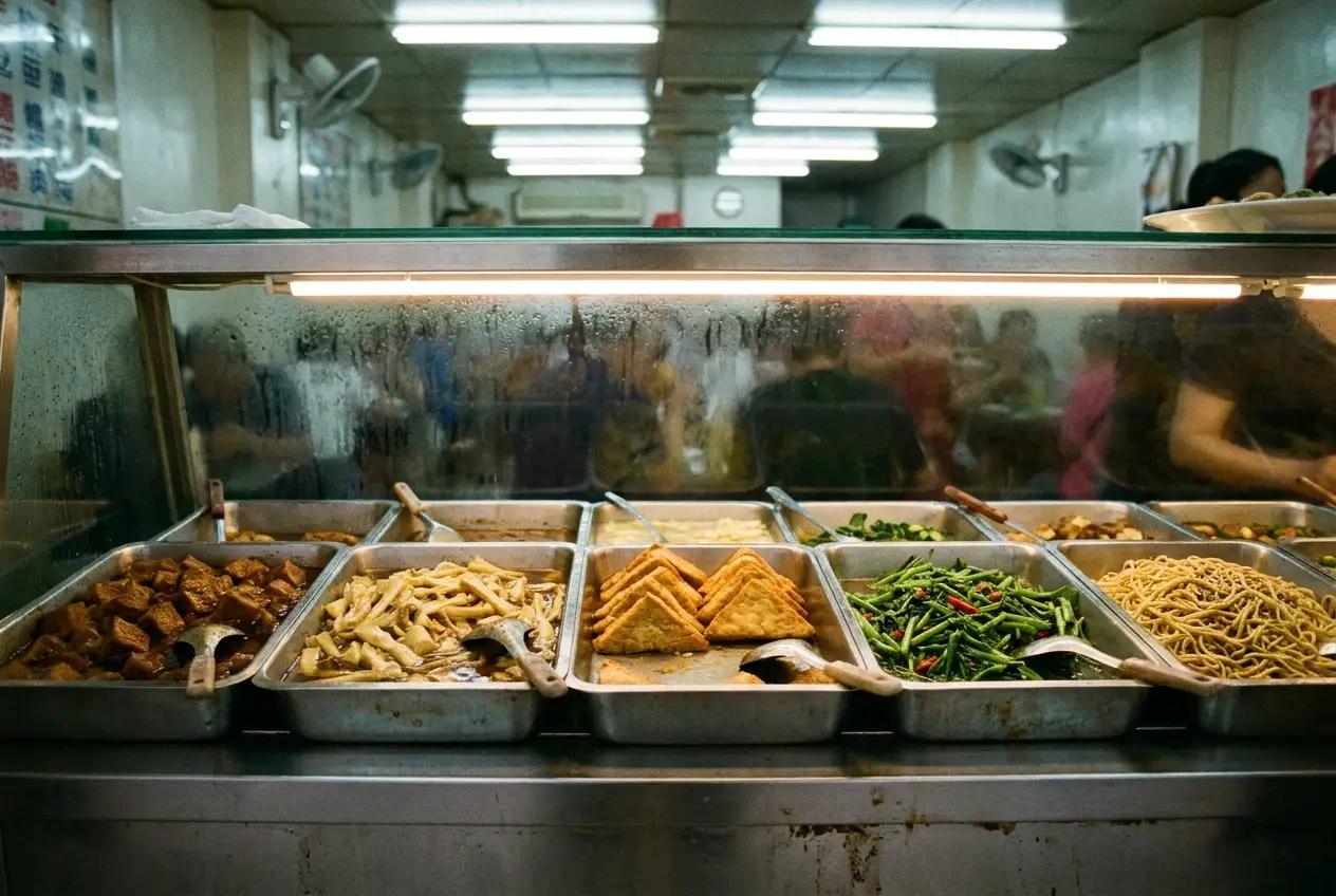 A bustling vegetarian buffet counter with dozens of colorful dishes in metal trays