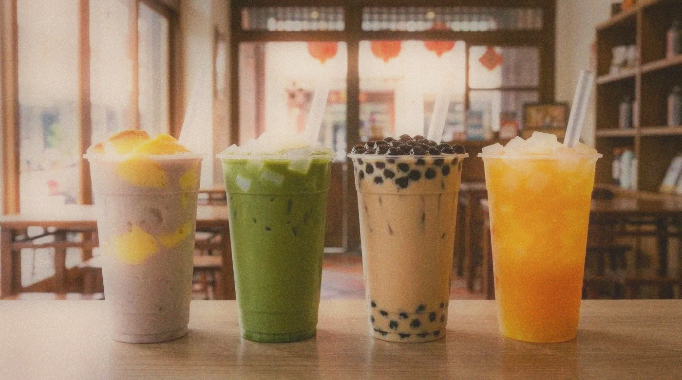A row of freshly made bubble tea drinks with different toppings on a counter