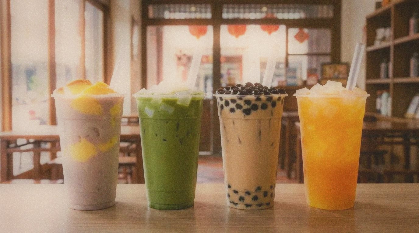 A row of freshly made bubble tea drinks with different toppings on a counter
