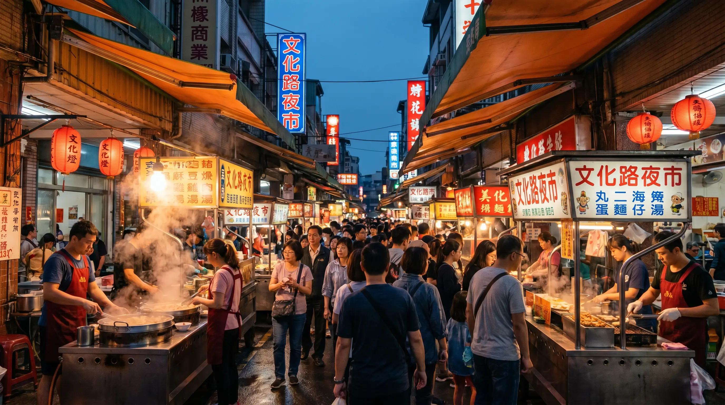 Chiayi's Wenhua Road Night Market at dusk, vendors setting up stalls along the street