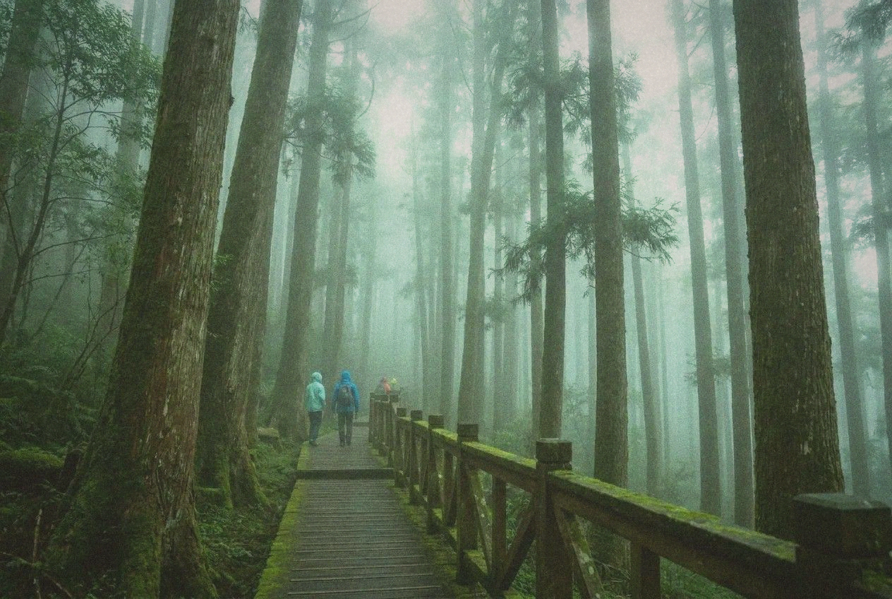 Alishan mountain forest with misty ancient cypress trees and wooden hiking path