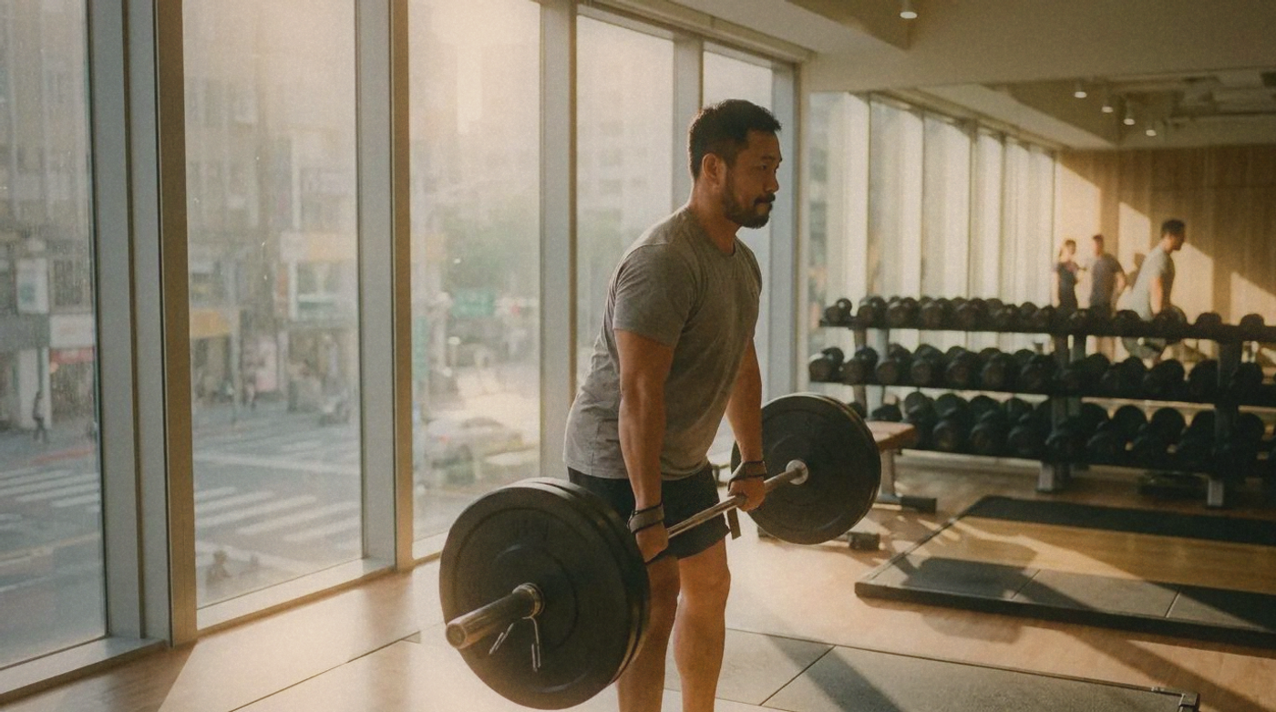 A person performing a barbell deadlift in a bright sunlit gym, warm natural light streaming through windows