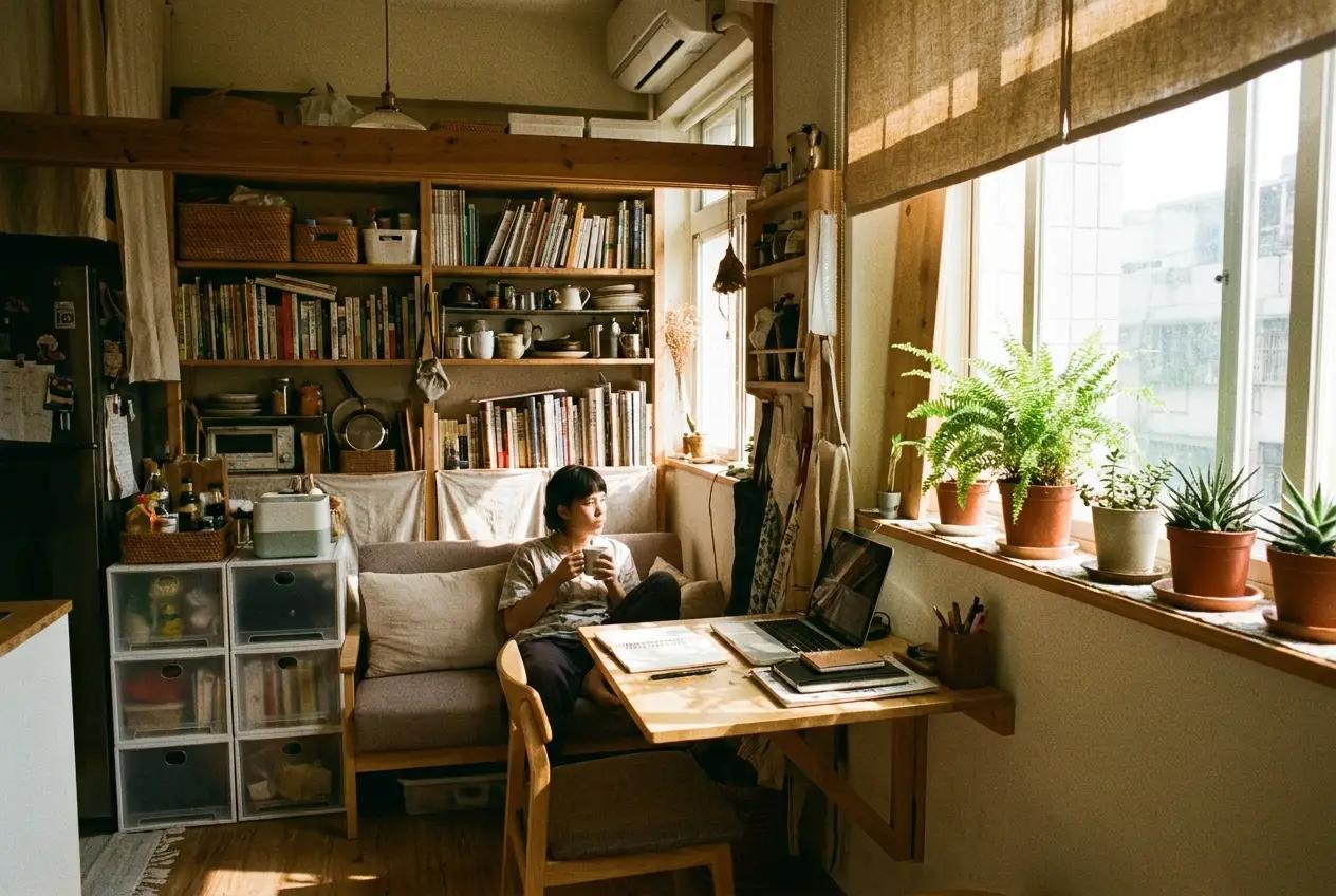 Small Taipei apartment with clever storage solutions and fold-down desk