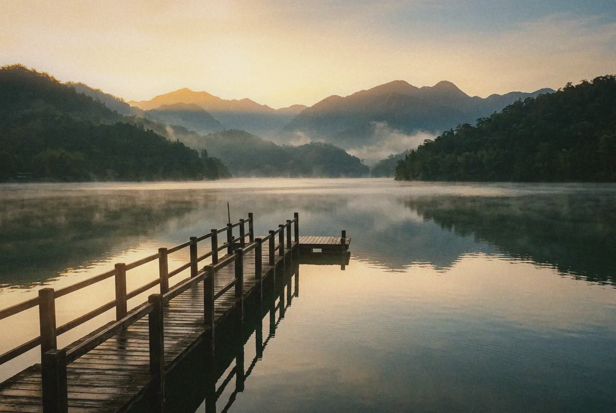 Sun Moon Lake at dawn with mist over still water and forested mountains