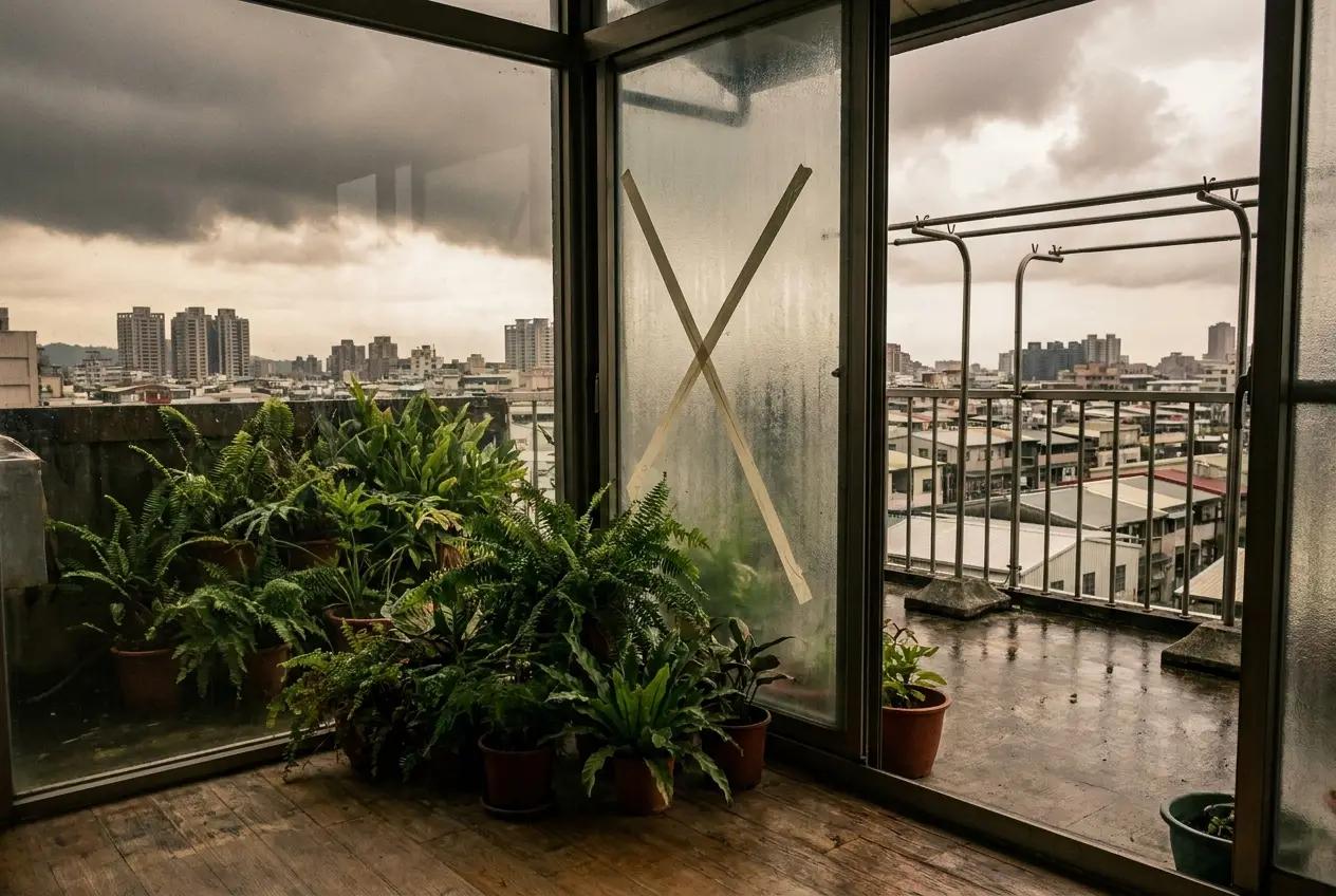 Taipei apartment balcony door taped with a masking-tape X before a typhoon, potted plants moved indoors, storm clouds over the city