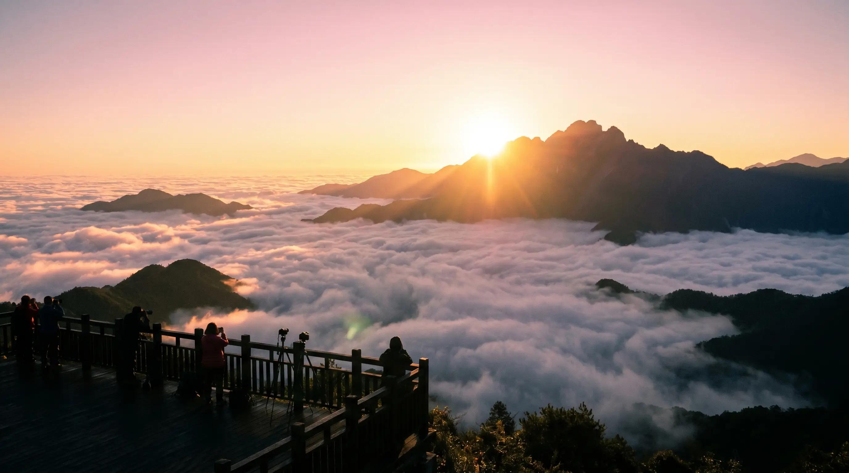Sunrise view from Zhushan Observatory at Alishan with sea of clouds below