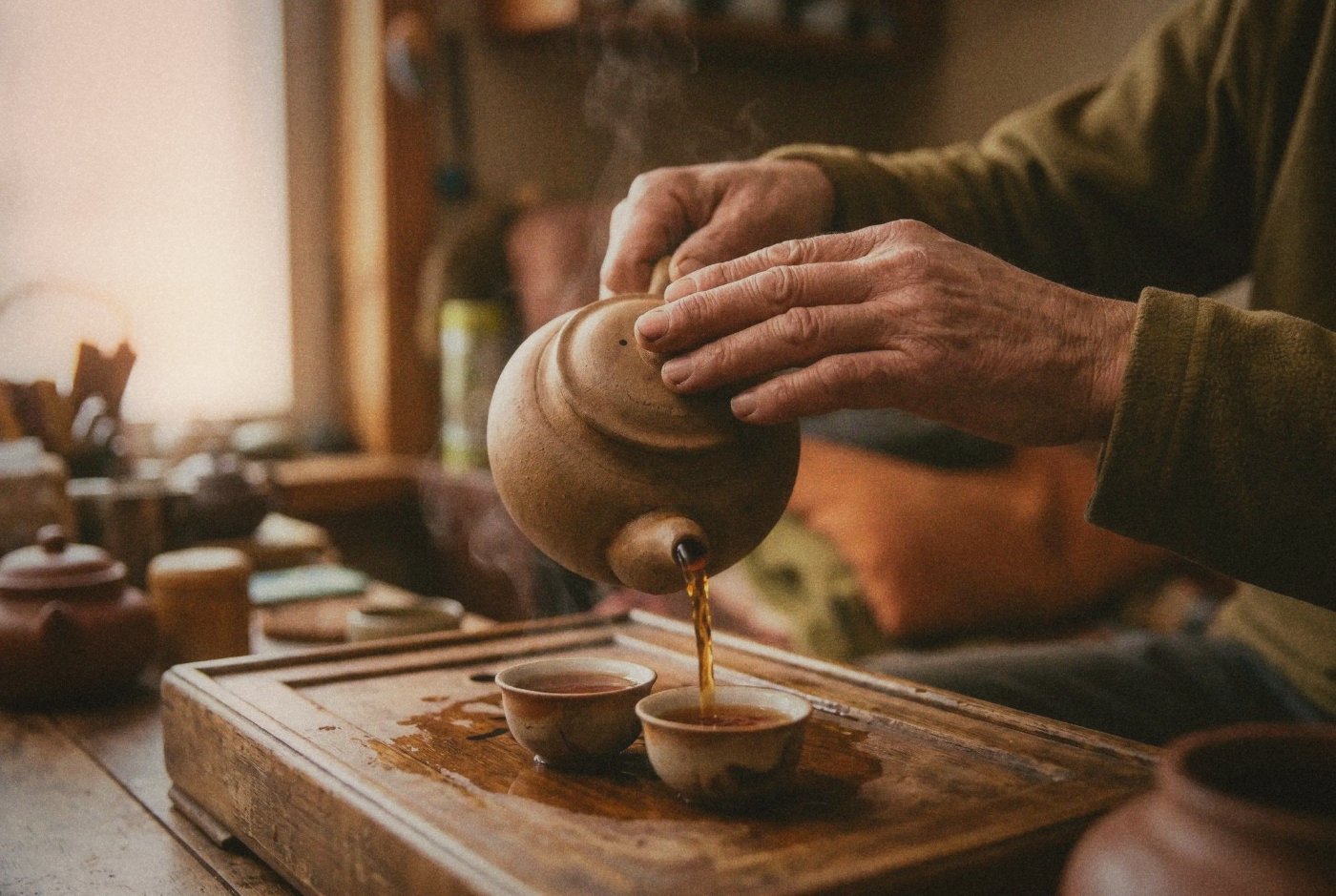 Close-up weathered hands pouring tea from a clay teapot into small cups on a wooden tea tray