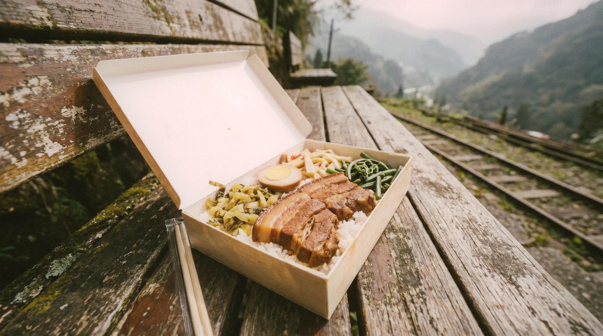 Traditional Fenqihu railway bento box on a wooden bench overlooking misty valley