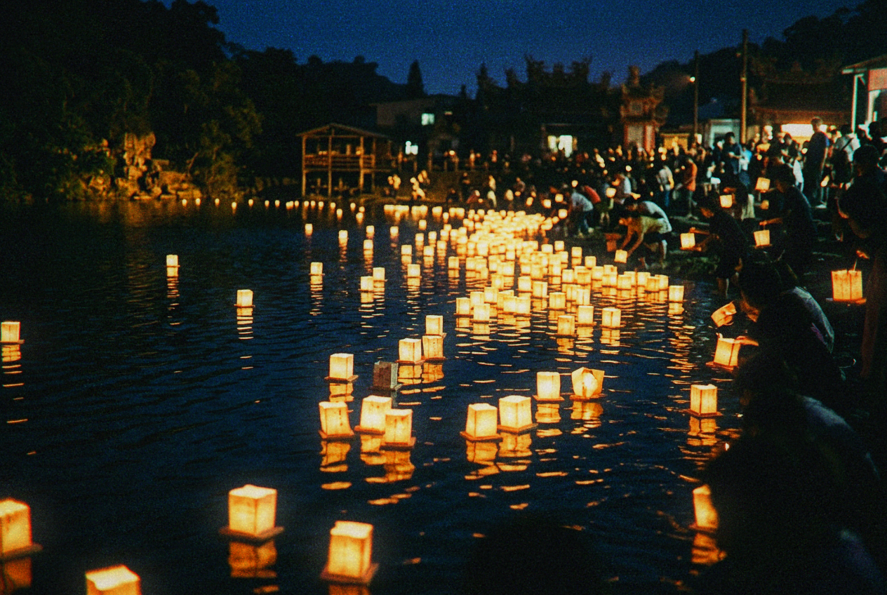 Glowing paper water lanterns floating on dark water at night during a Taiwan Ghost Festival