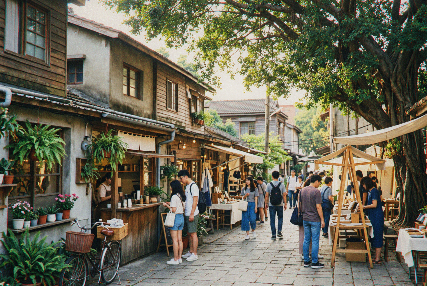 Small craft stalls and coffee counters along a shaded market lane.