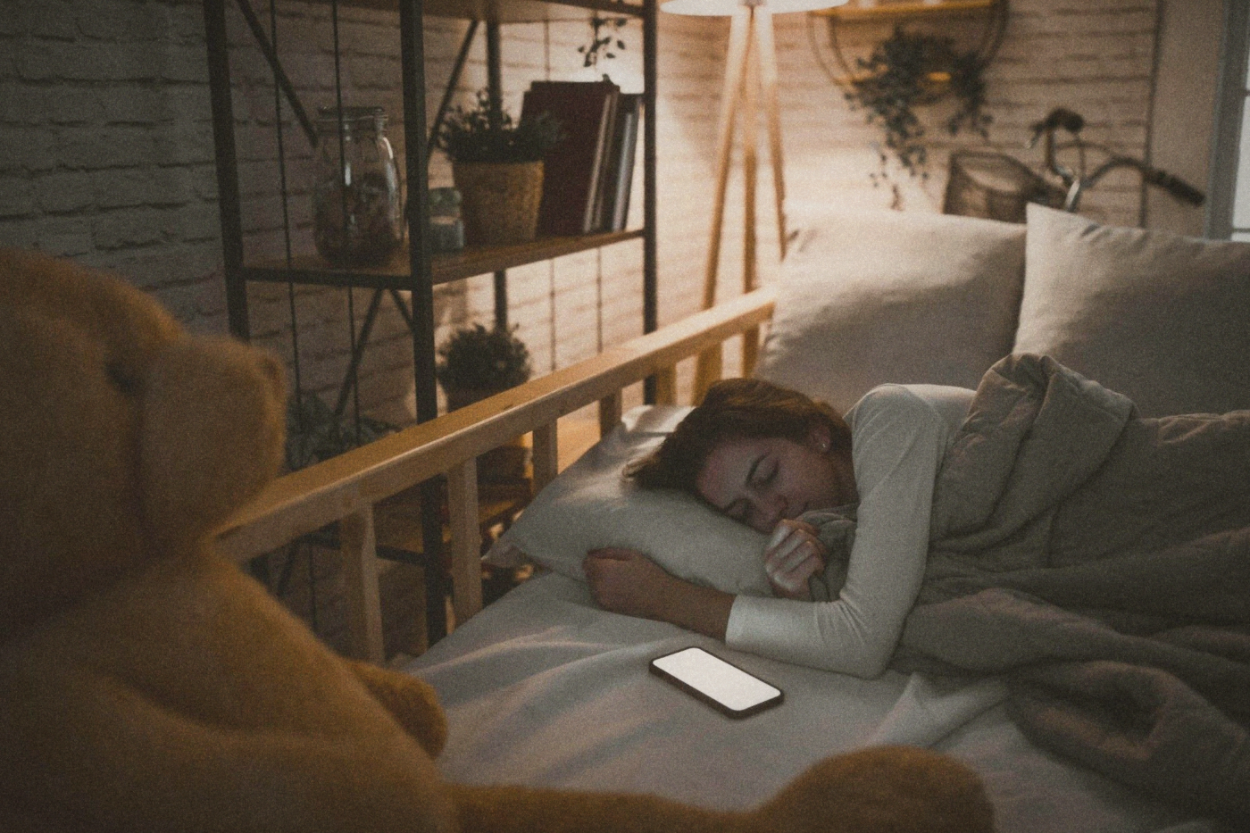 A dimly lit evening scene, warm tones, the transition hour before sleep