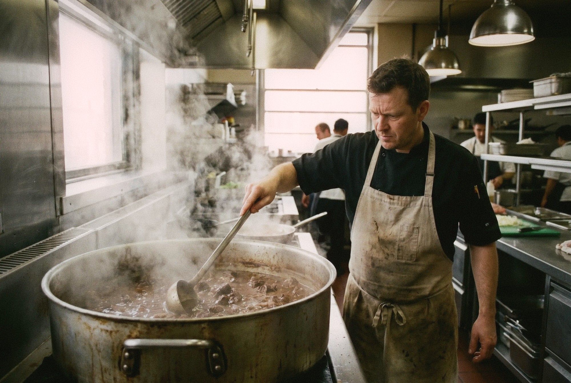 Cook stirring a massive pot of dark braised beef broth in a commercial kitchen