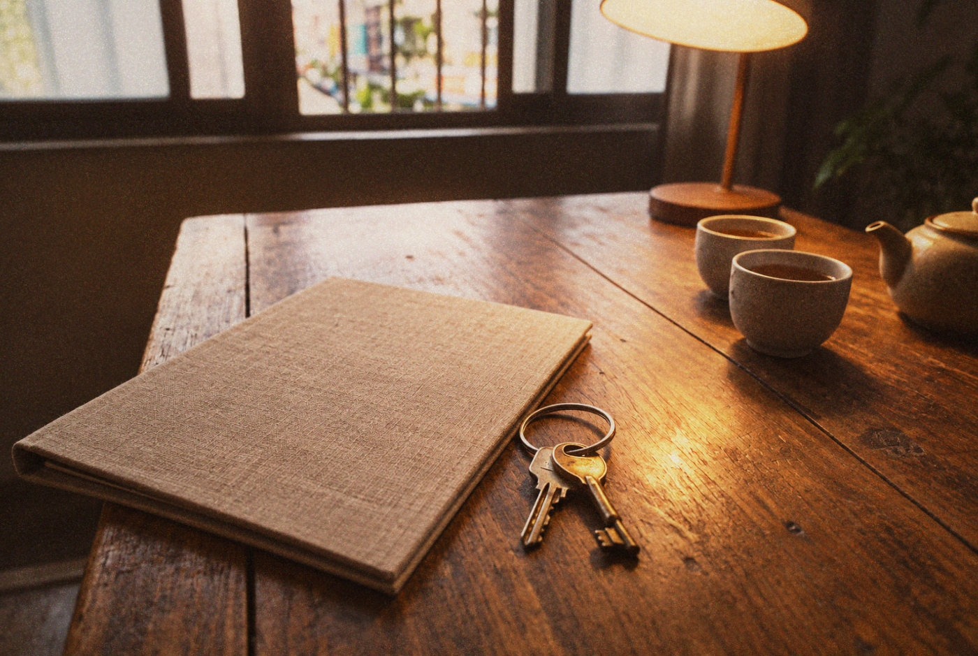 Apartment keys and a closed linen folder beside tea cups on a wooden table