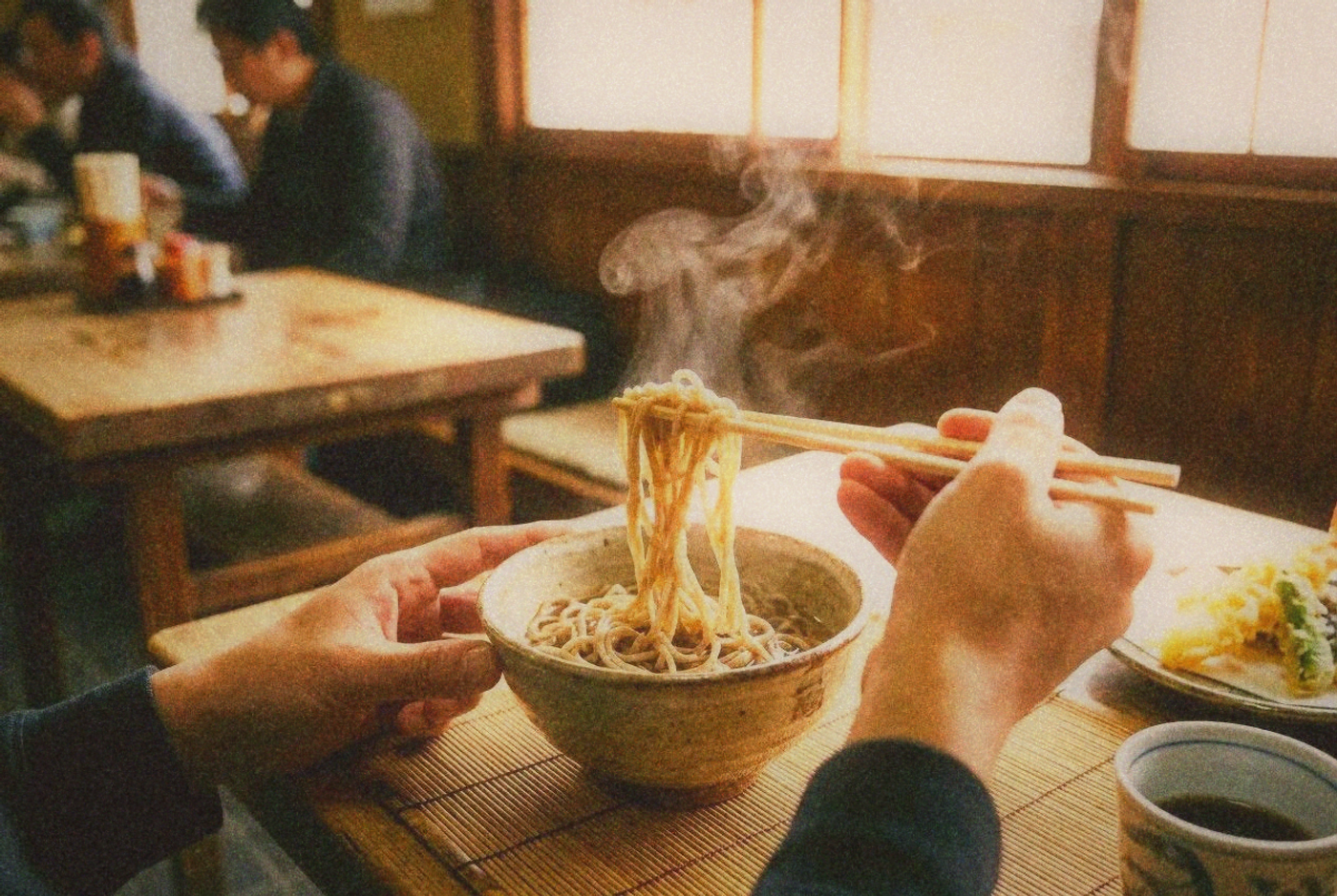 Hand-cut soba noodles being served at a traditional Kyoto soba shop