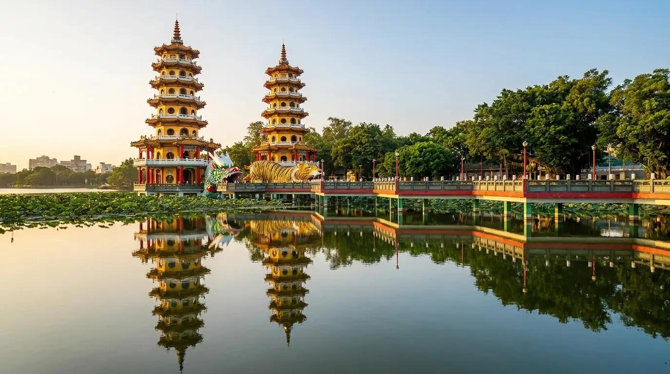 Lotus Pond with Dragon and Tiger Pagodas reflected on the water at golden hour