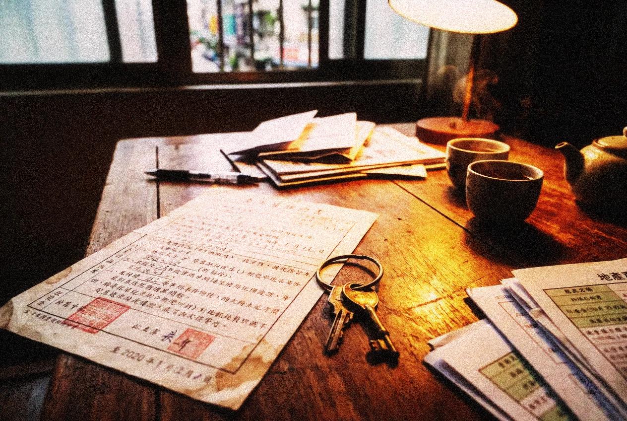 A traditional Taipei apartment lease signing scene with documents, keys, and tea cups on a wooden table