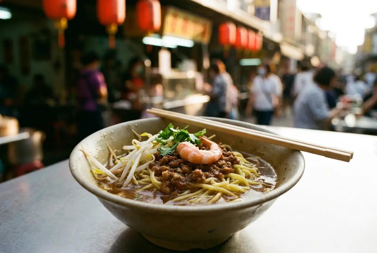 Bowl of Tainan danzai noodles with shrimp and minced pork in broth