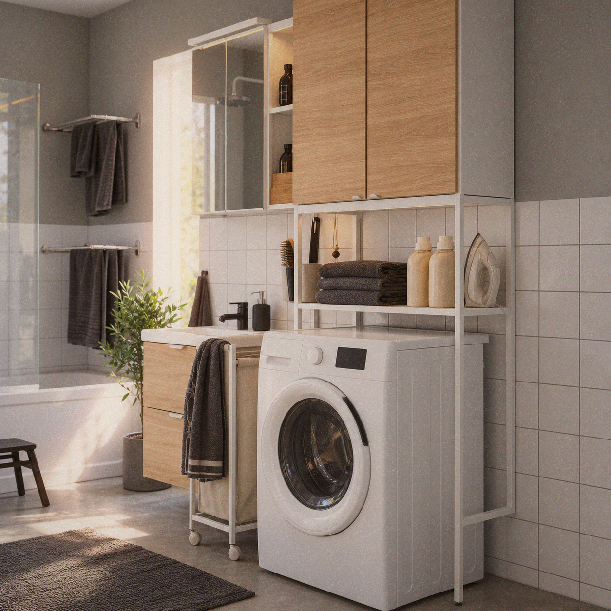 A clean, organized small bathroom showing proper ventilation with the door left open, clear containers on mounted shelves