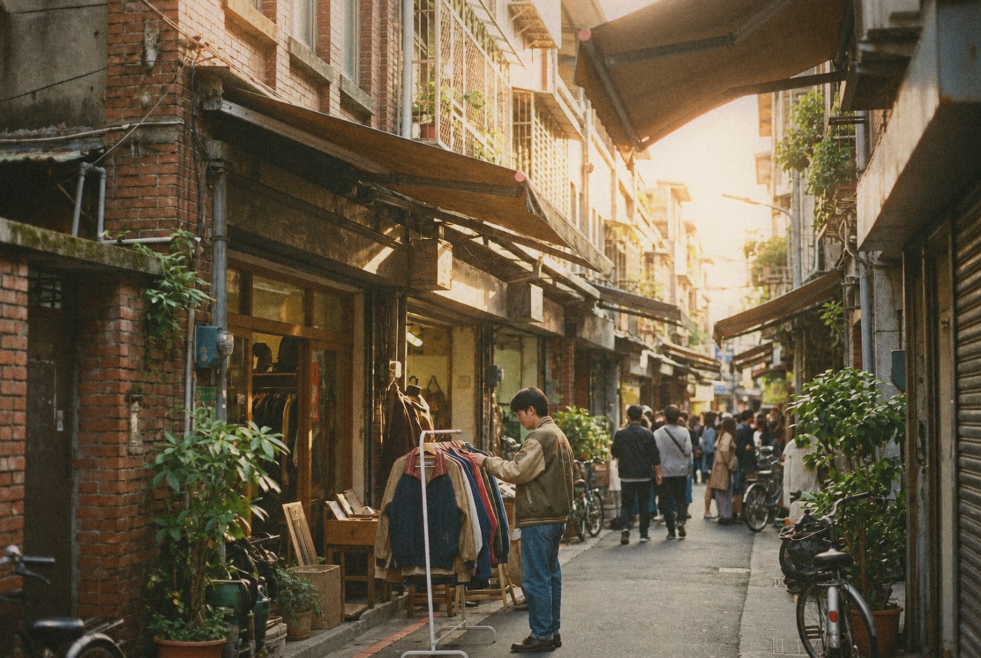 A narrow shopping lane with vintage clothing racks, weathered brick and potted plants