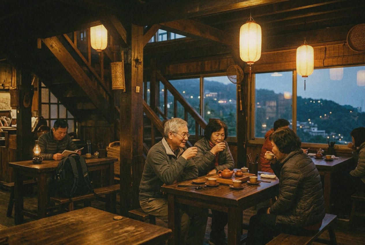 Warm lantern-lit interior of an old-style Taiwanese mountain tea house at dusk, wooden beams and small cups