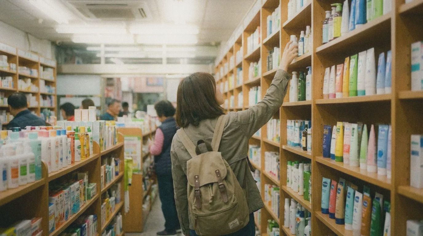 Woman browsing skincare products at a brightly lit Cosmed drugstore in Taipei