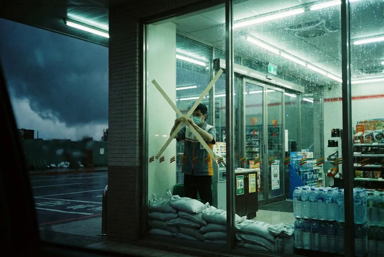 Convenience store worker taping windows before a typhoon in Taiwan