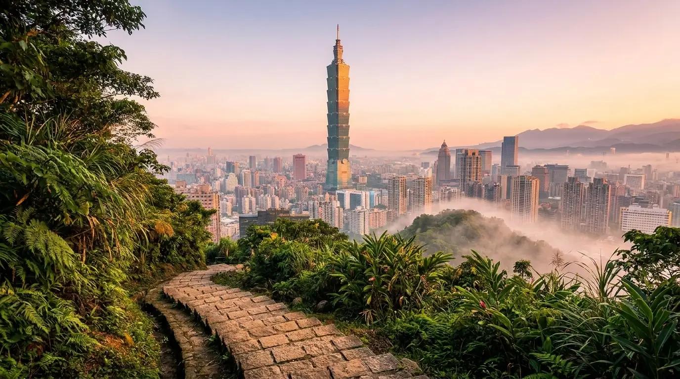 Taipei 101 seen from Elephant Mountain trail at sunrise, stone steps in the foreground