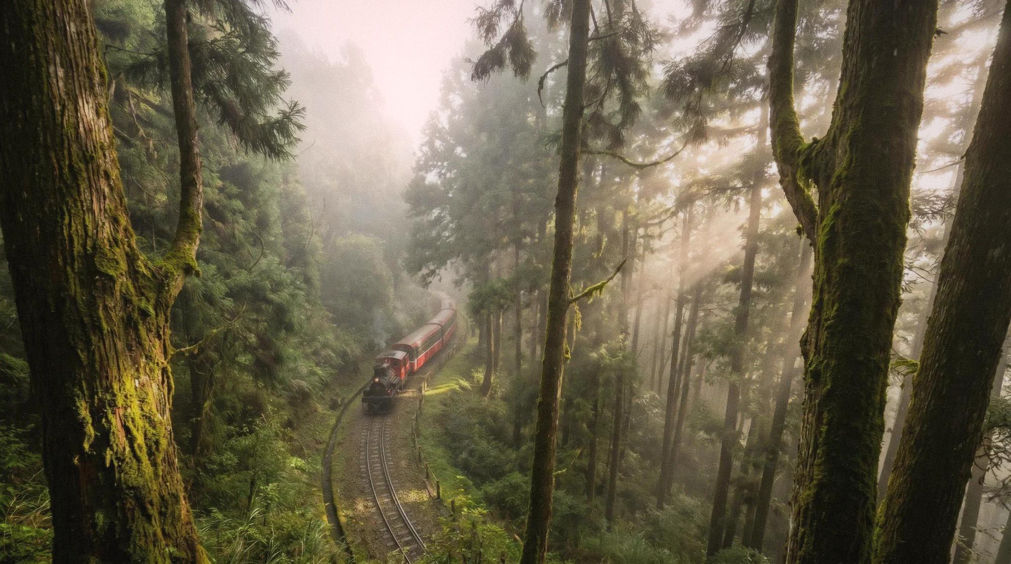 The narrow-gauge Alishan Forest Railway train winding through misty mountain forest