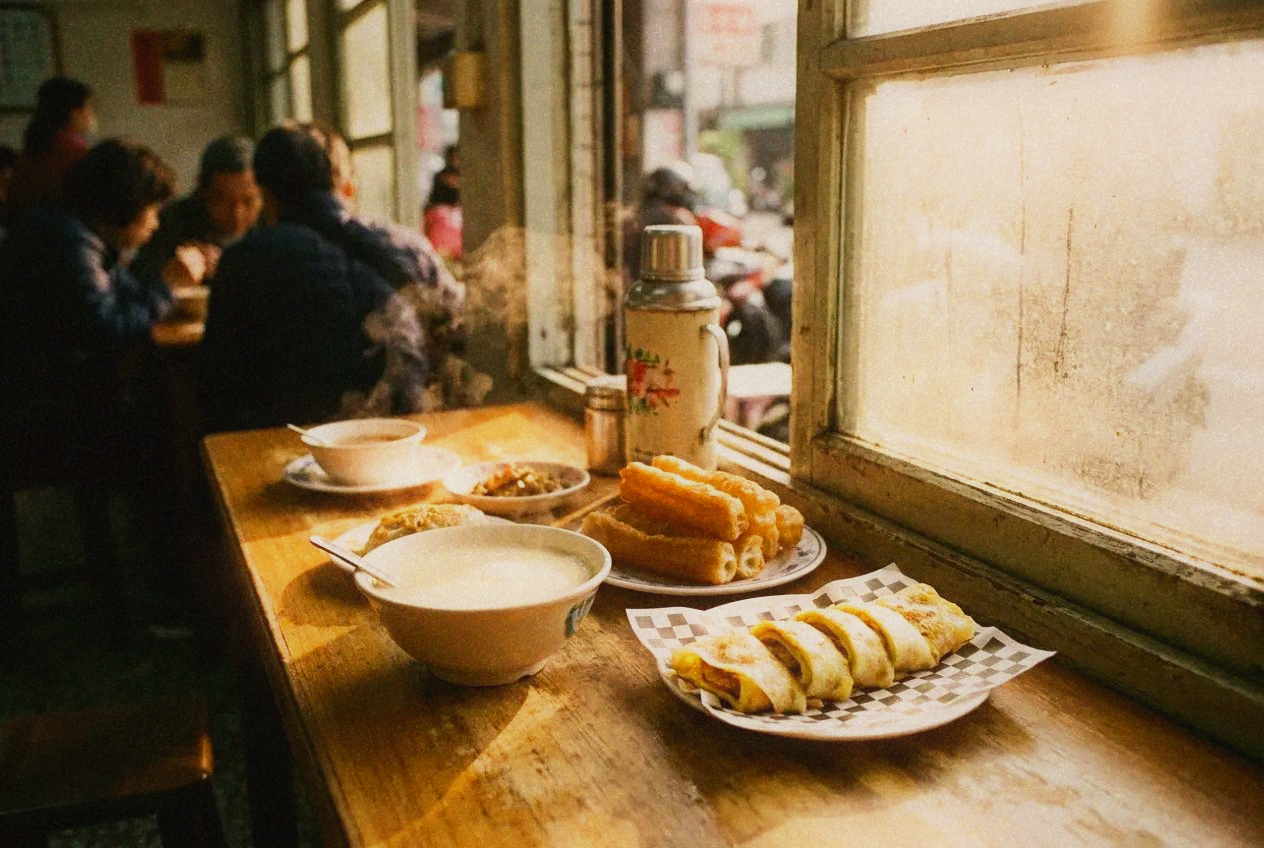 Traditional Taiwanese breakfast spread with soy milk, fried dough sticks and egg crepe