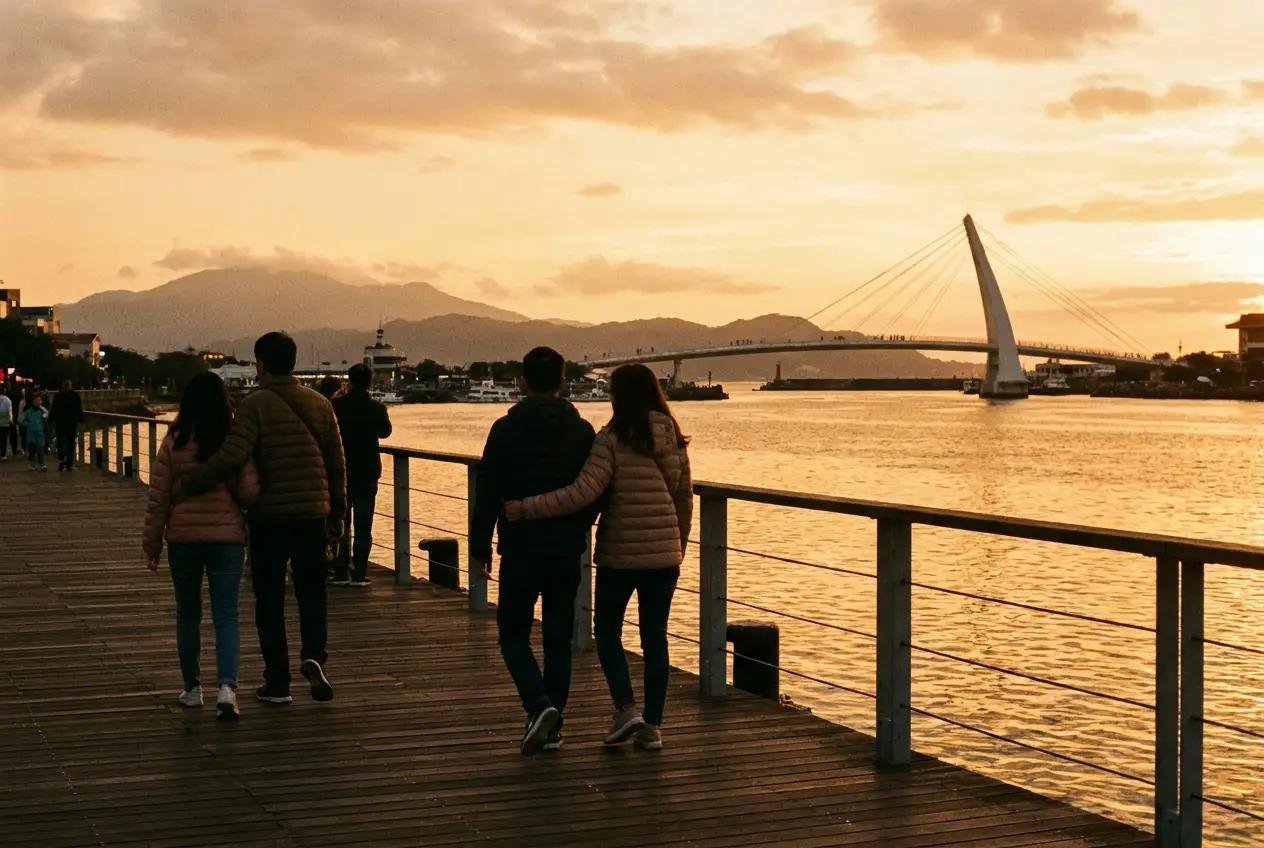 Tamsui waterfront boardwalk at sunset with golden river reflections