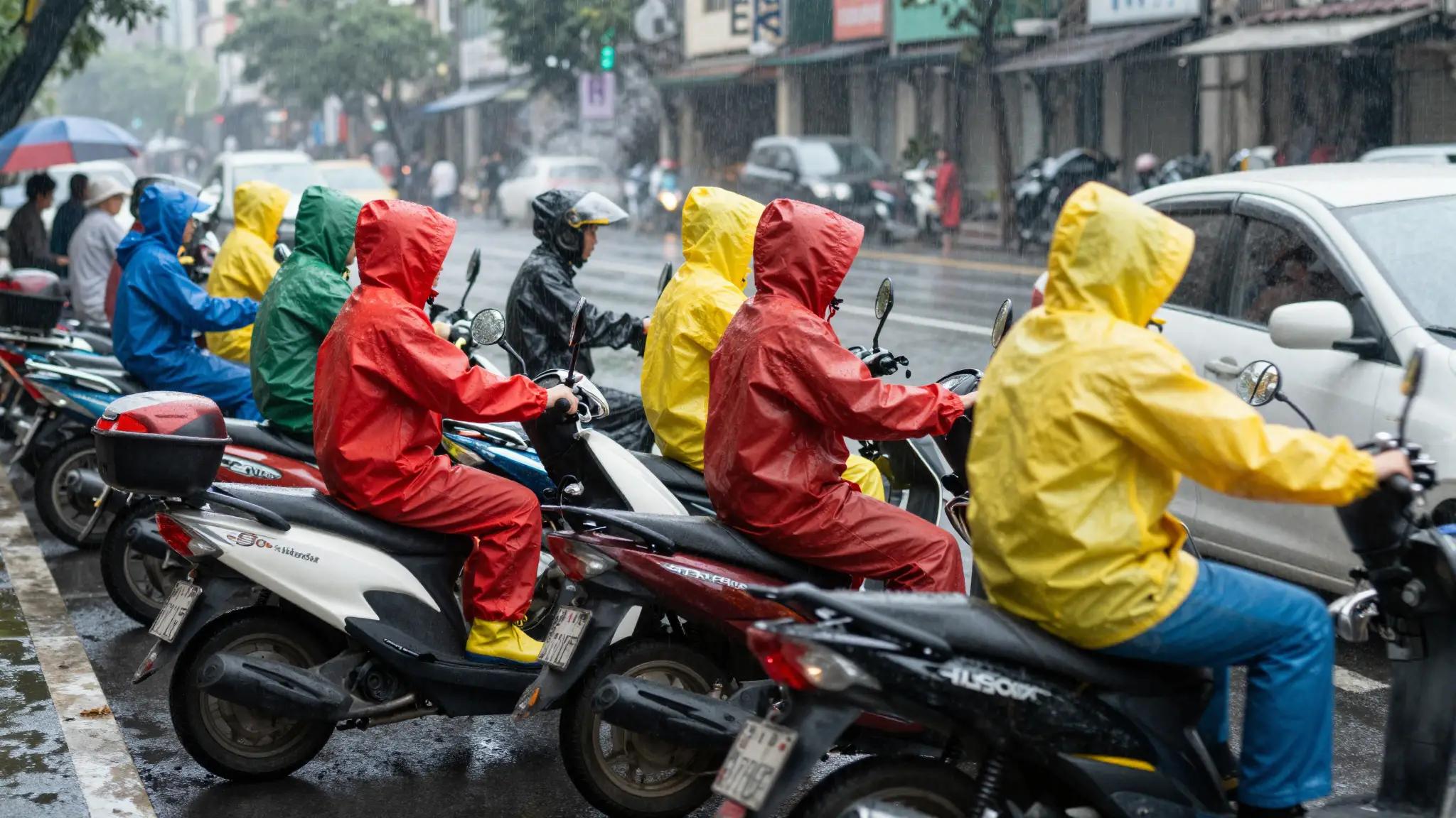 Dozens of scooters on a rainy Taipei street, riders in colorful two-piece rain suits