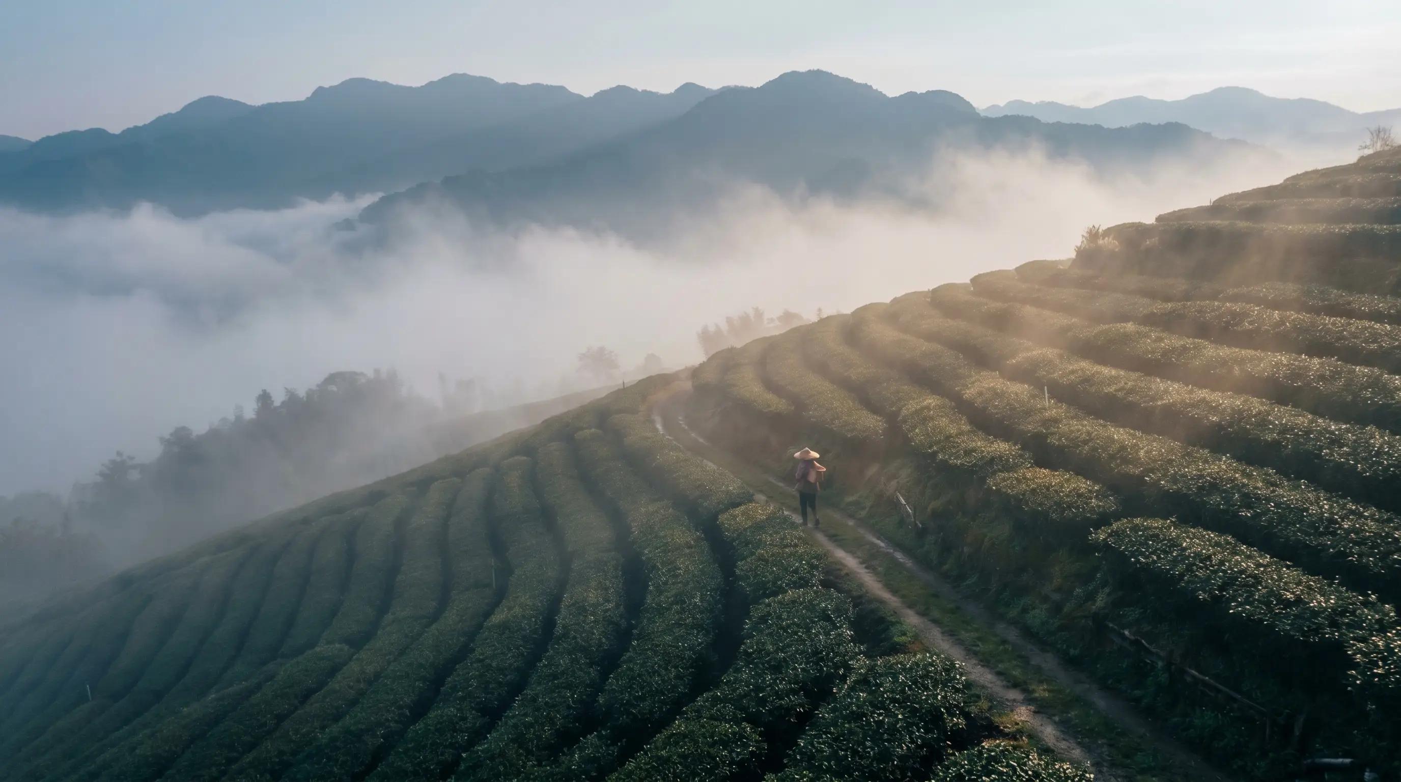 Rows of tea plants on a misty Alishan hillside, with mountains in the background