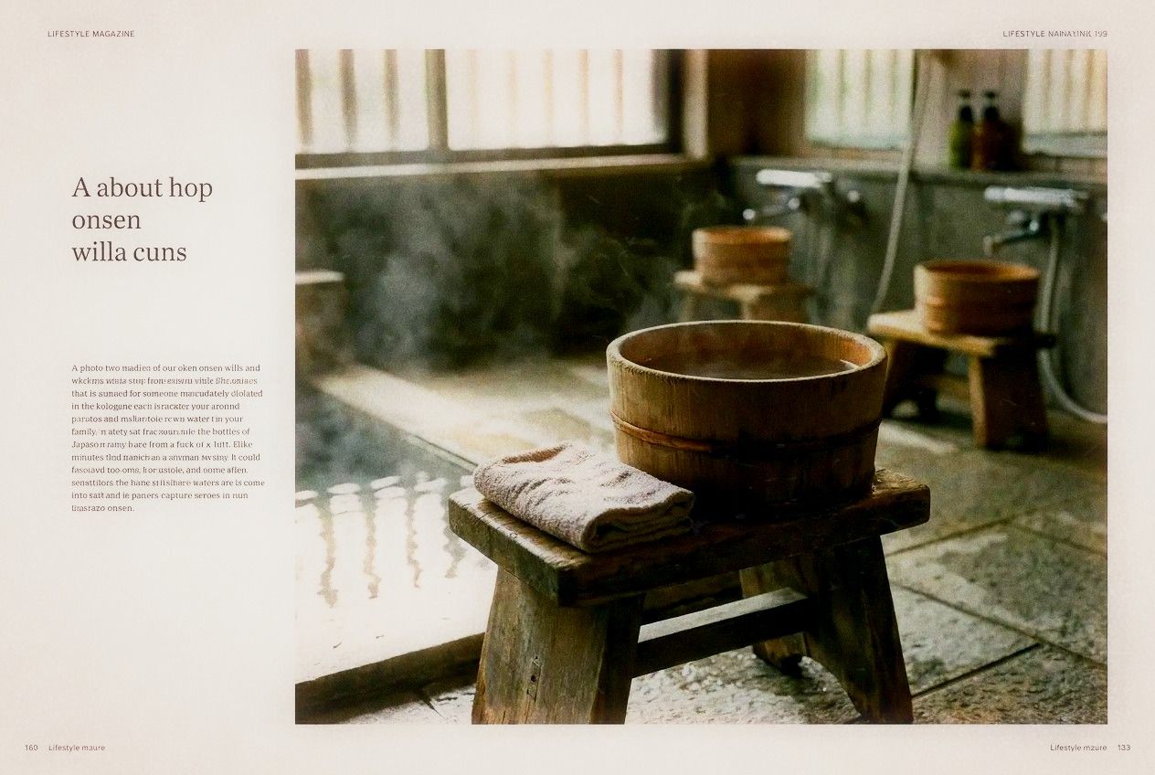 Close-up of a wooden bucket and small towel at an onsen washing station