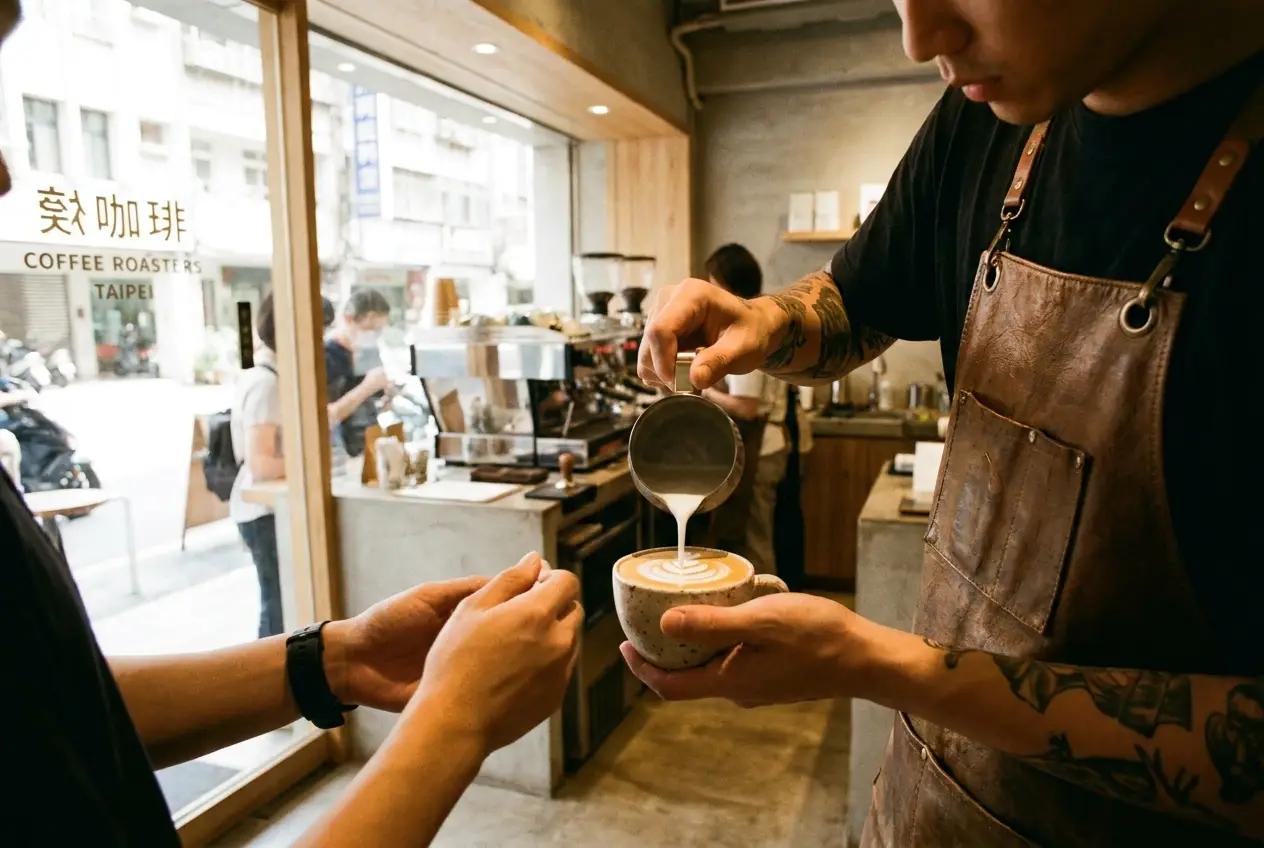 Barista pouring latte art at a Taipei specialty coffee cafe