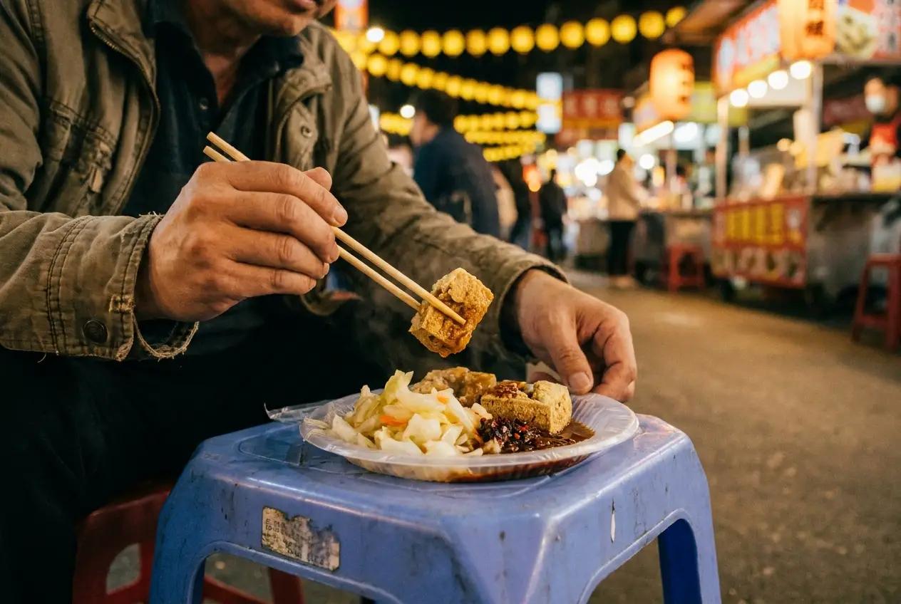 Fried stinky tofu with pickled vegetables and chili sauce at a Taiwan night market