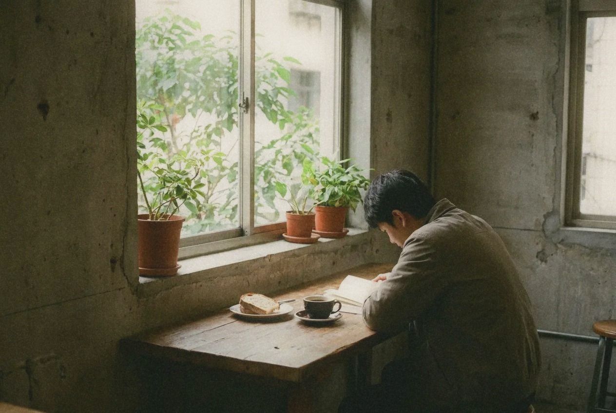 A cozy Taipei cafe interior with wooden tables and warm morning light