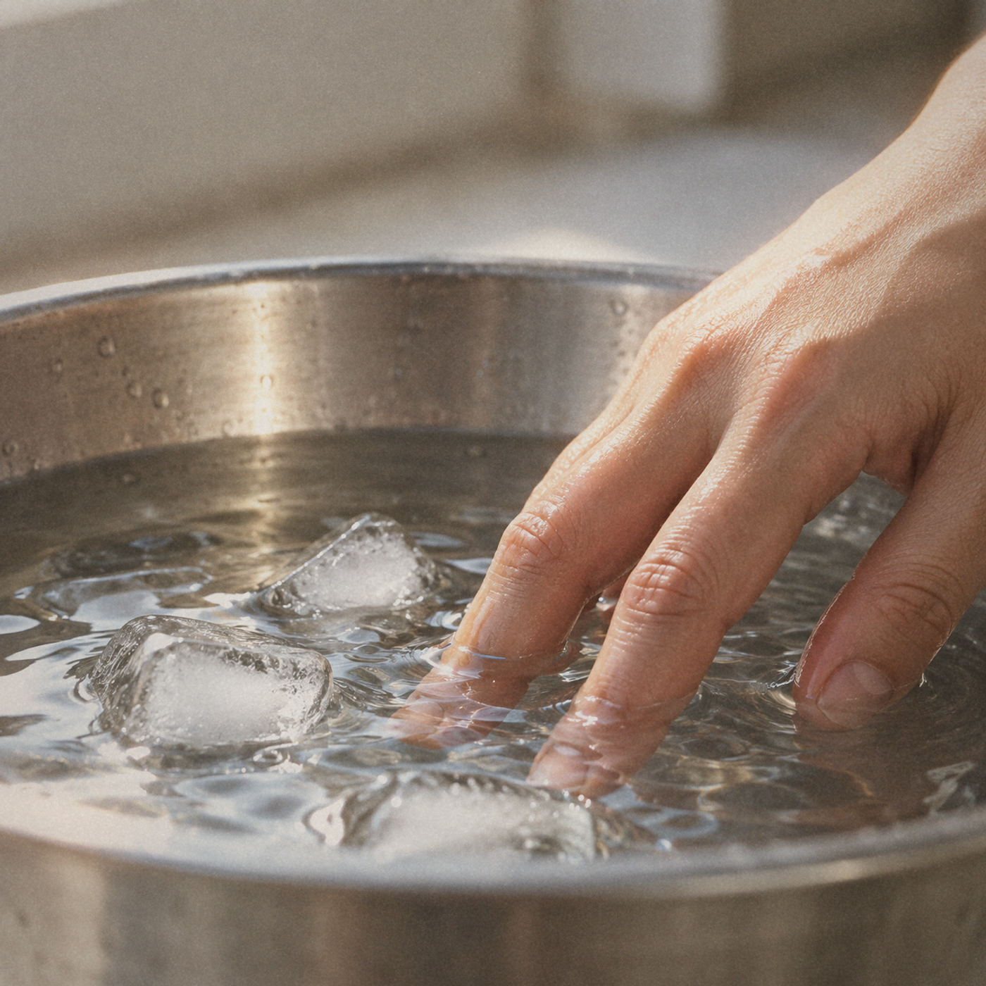 Fingers dipping into ice water in a stainless-steel basin