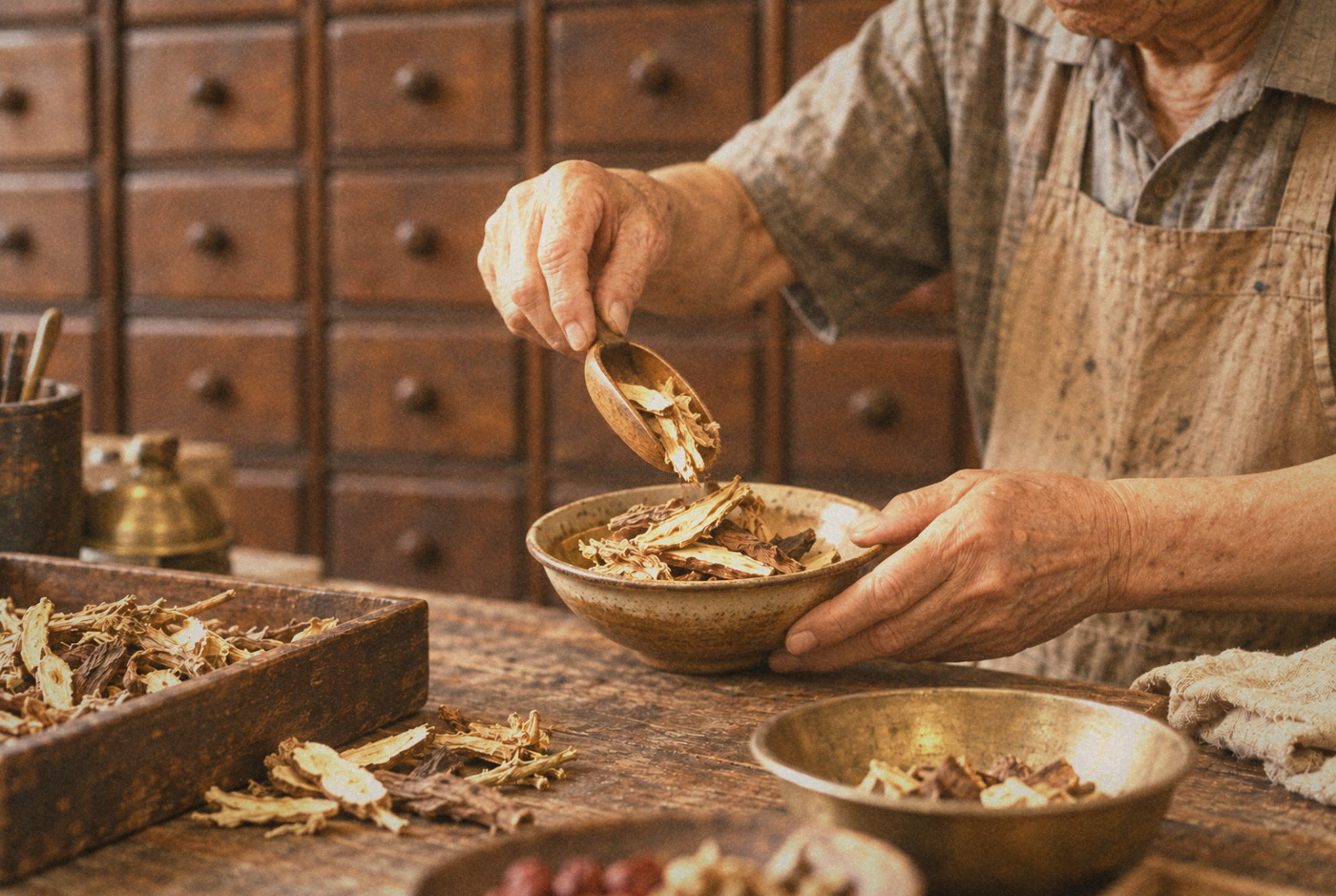 Dried herbs in a wooden scoop beside a ceramic bowl.