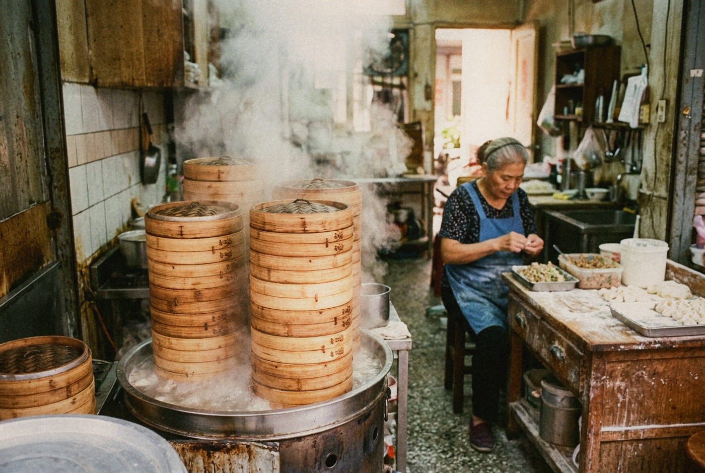 Steam rising from stacks of bamboo steamers at a small neighbourhood Taiwanese dumpling shop