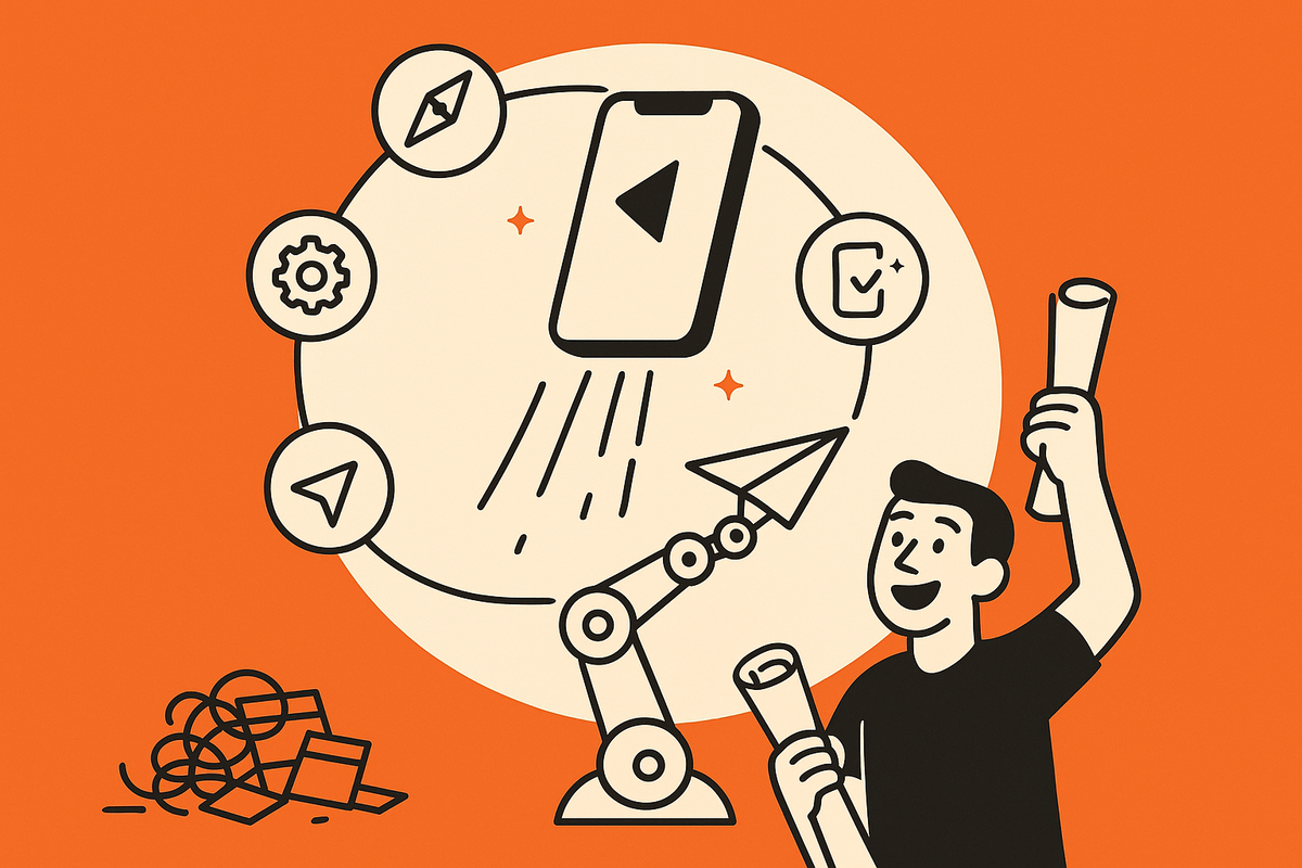 Final aha: a smartphone launches like a rocket with orbiting Plan/Build/Test/Publish tiles as the student and robotic arm celebrate a shipped prototype.