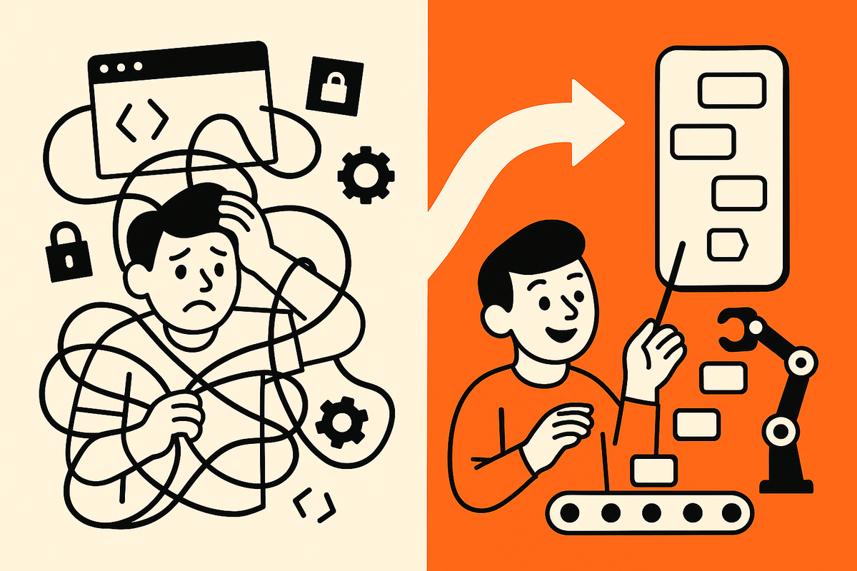 Split before-and-after: manual app setup chaos versus automated flow building a React Native app under the student’s direction, left cream, right orange.